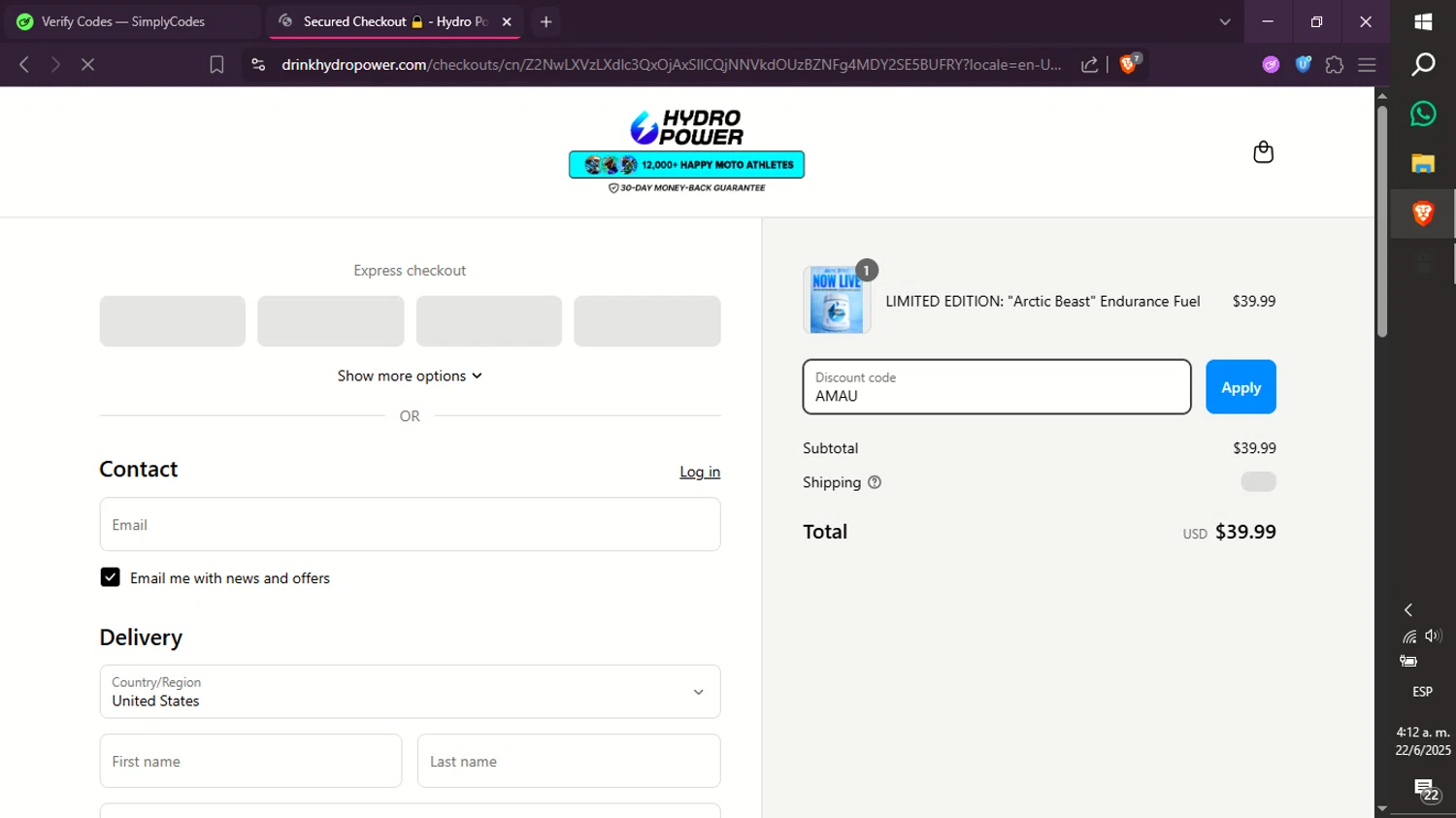 Hydro Power discount code screenshot showing code AMAU applied at Hydro Power checkout page. Uploaded by SimplyCodes community member xXdevoragoticas69Xx on Jun 22, 2025