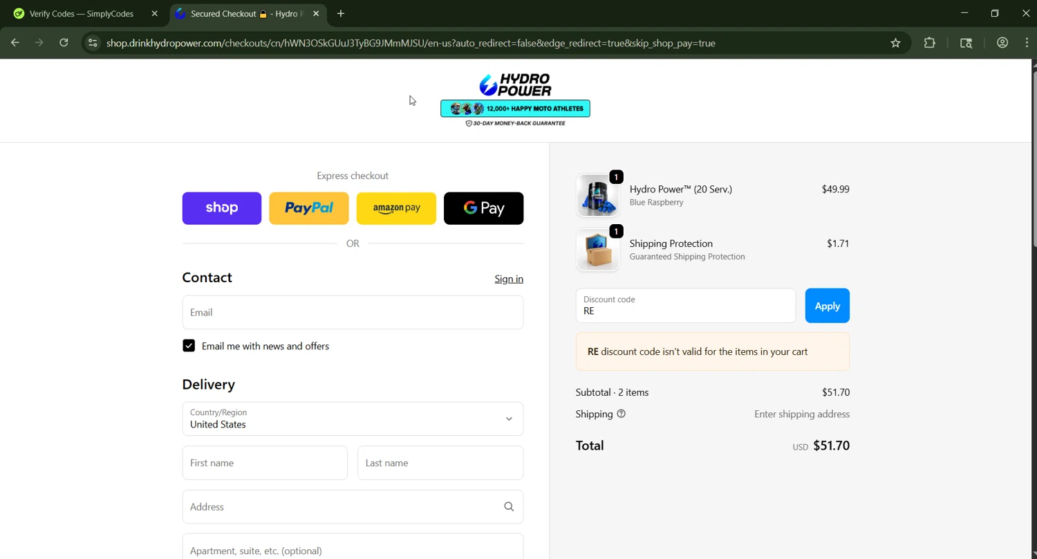 Hydro Power discount code screenshot showing code RE applied at Hydro Power checkout page. Uploaded by SimplyCodes community member CashWizard4502 on Sep 25, 2025