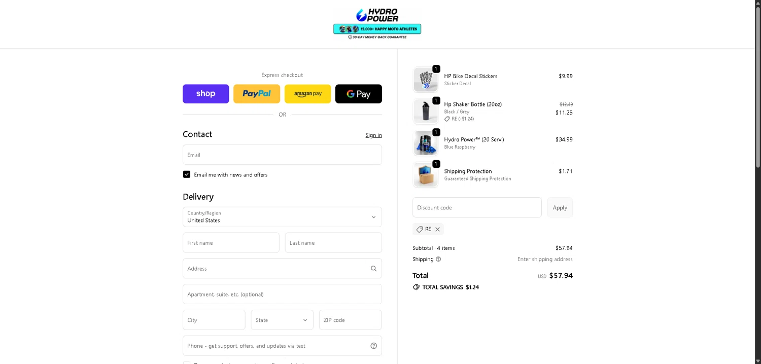 Hydro Power discount code screenshot showing code RE applied at Hydro Power checkout page. Uploaded by SimplyCodes community member CleverLynx8583 on Dec 29, 2025