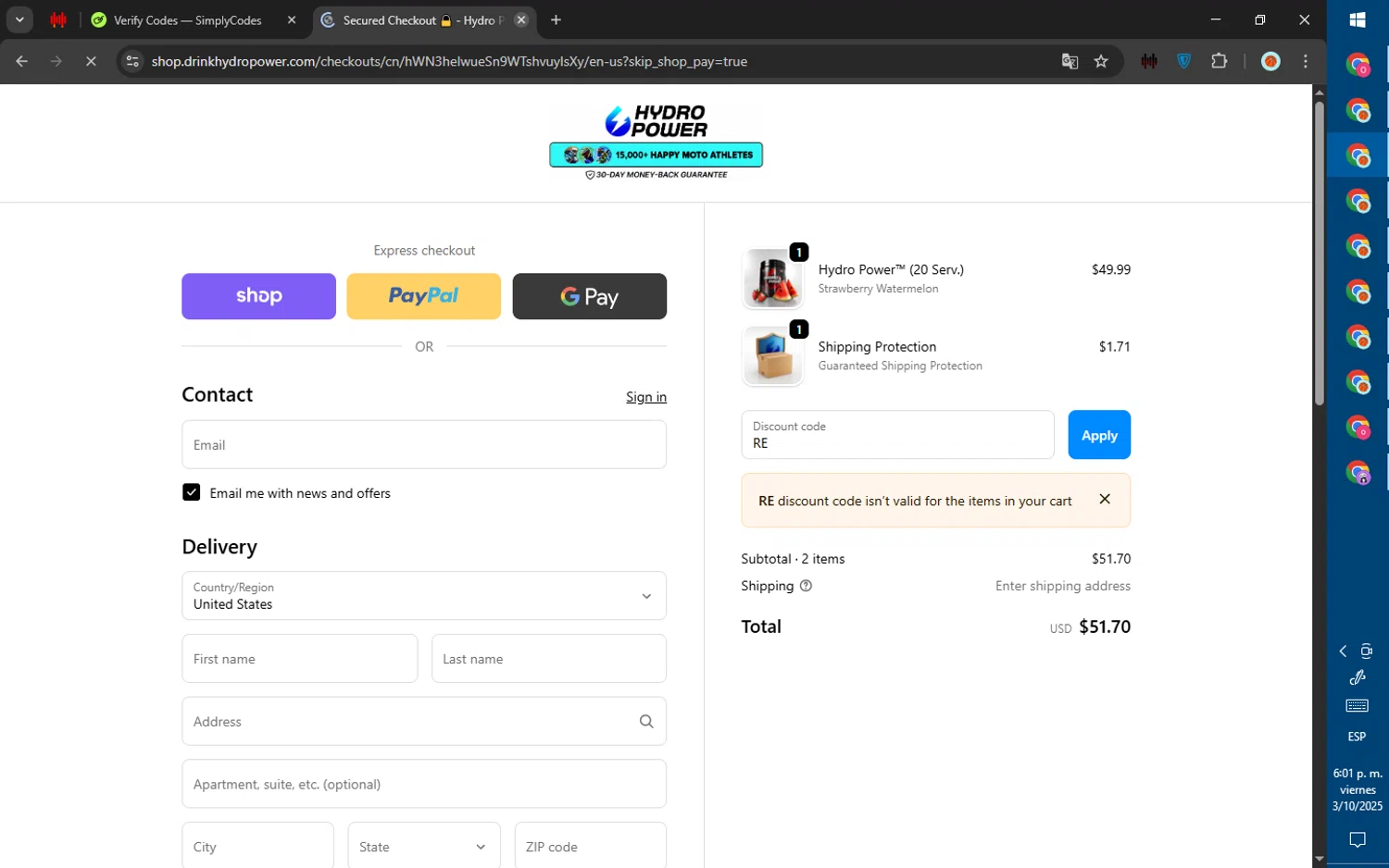 Hydro Power discount code screenshot showing code RE applied at Hydro Power checkout page. Uploaded by SimplyCodes community member ValiantWarden8956 on Oct 3, 2025