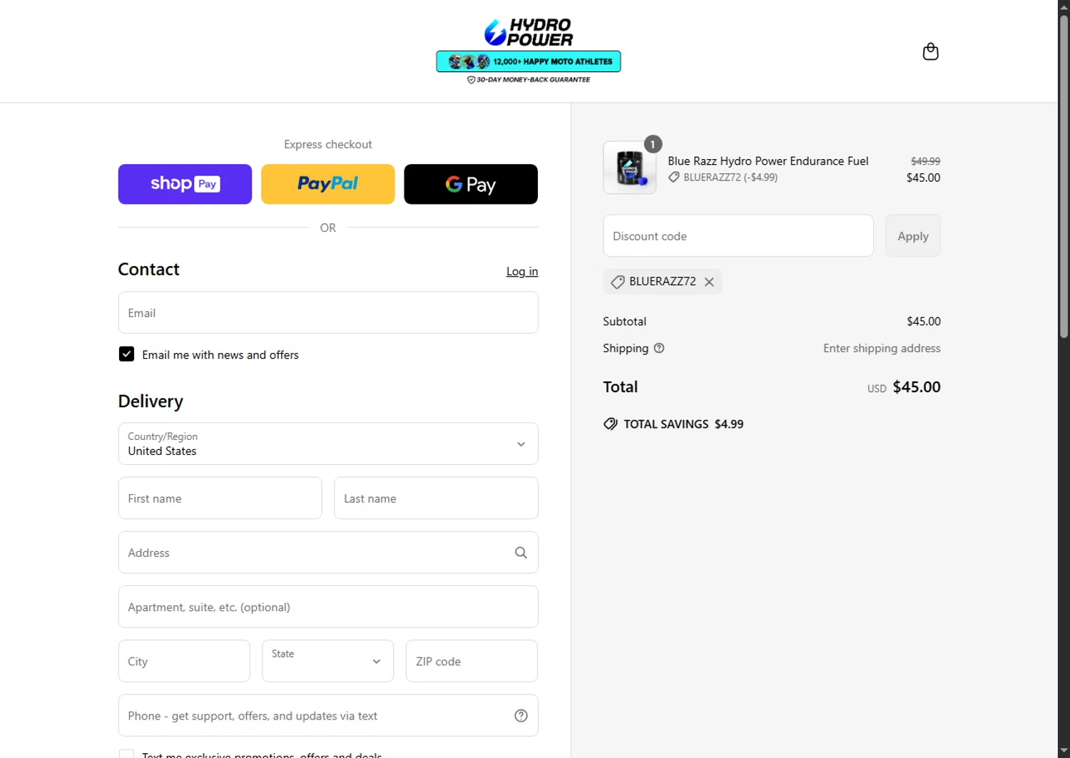 Hydro Power discount code screenshot showing code bluerazz72 applied at Hydro Power checkout page. Uploaded by SimplyCodes community member BeaMartinez on Jun 26, 2025