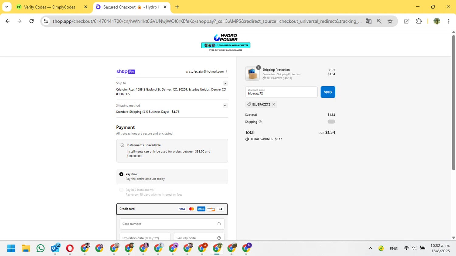 Hydro Power discount code screenshot showing code bluerazz72 applied at Hydro Power checkout page. Uploaded by SimplyCodes community member FundoSinai on Aug 13, 2025