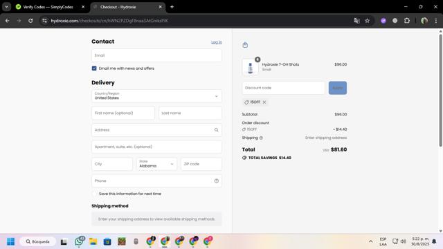 Hydroxie checkout page showing Hydroxie promo code box | Screenshot taken by SimplyCodes community member on Aug 30, 2025