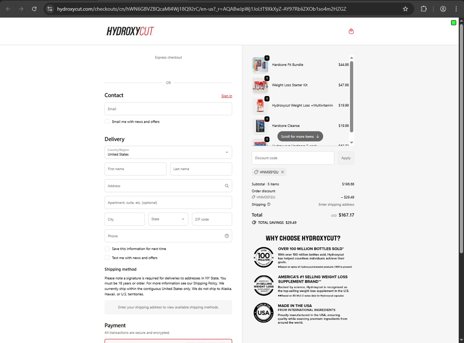 Hydroxycut promo code screenshot showing code HNM35Y2U applied at Hydroxycut checkout page. Uploaded by SimplyCodes community member luffyreturn on Dec 10, 2025