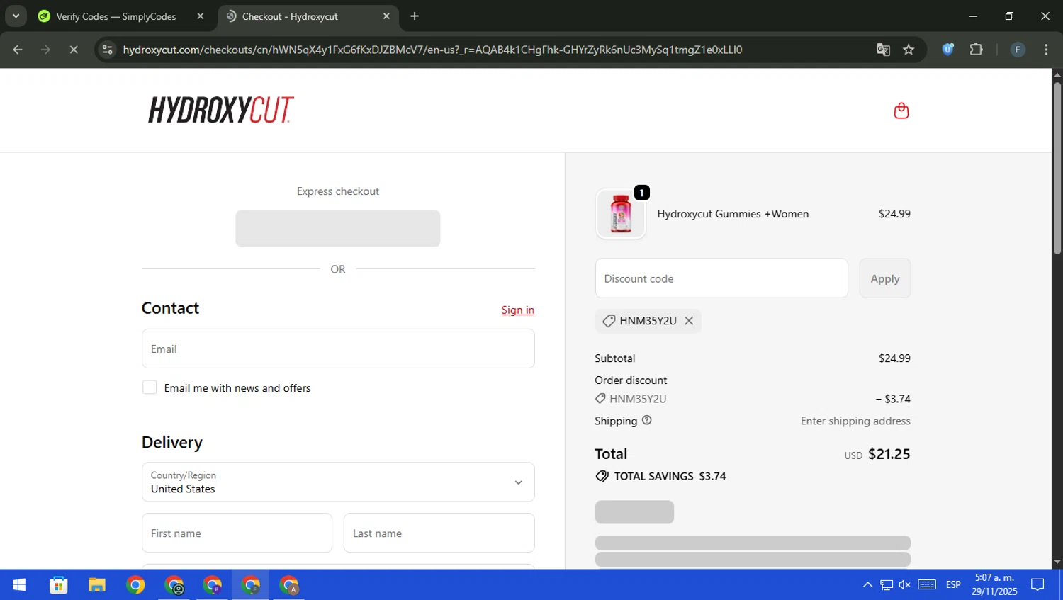 Hydroxycut promo code screenshot showing code HNM35Y2U applied at Hydroxycut checkout page. Uploaded by SimplyCodes community member pajarito on Nov 29, 2025