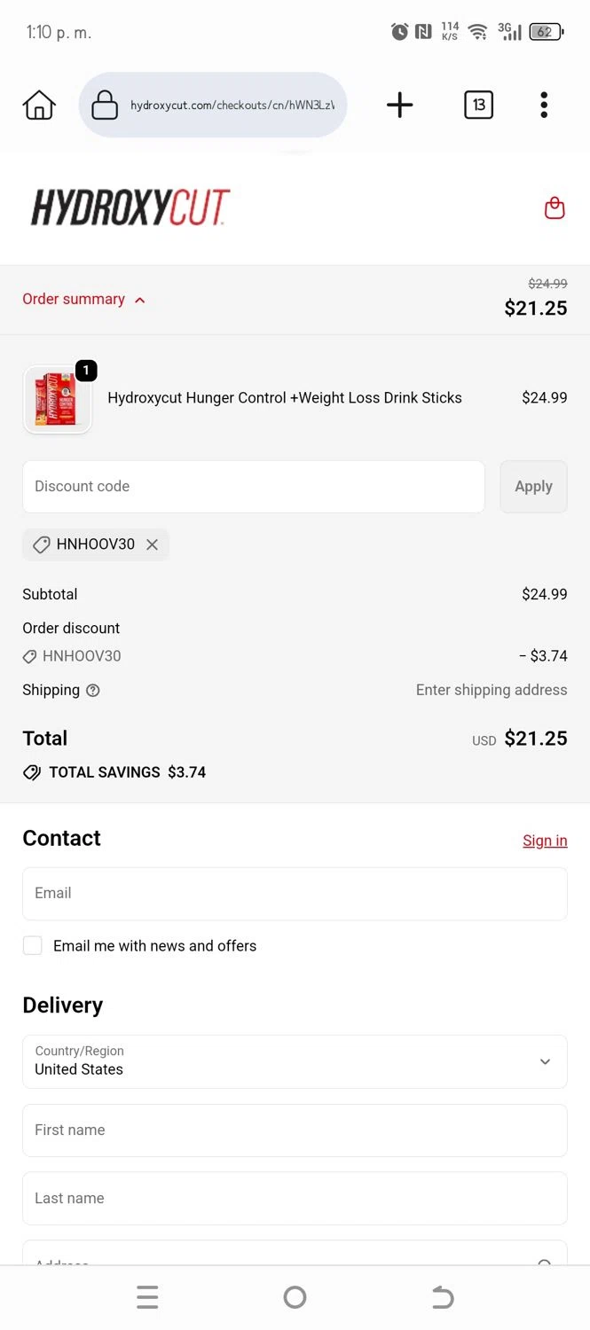 Hydroxycut promo code screenshot showing code HNHOOV30 applied at Hydroxycut checkout page. Uploaded by SimplyCodes community member DiscountCurator3335 on Sep 24, 2025