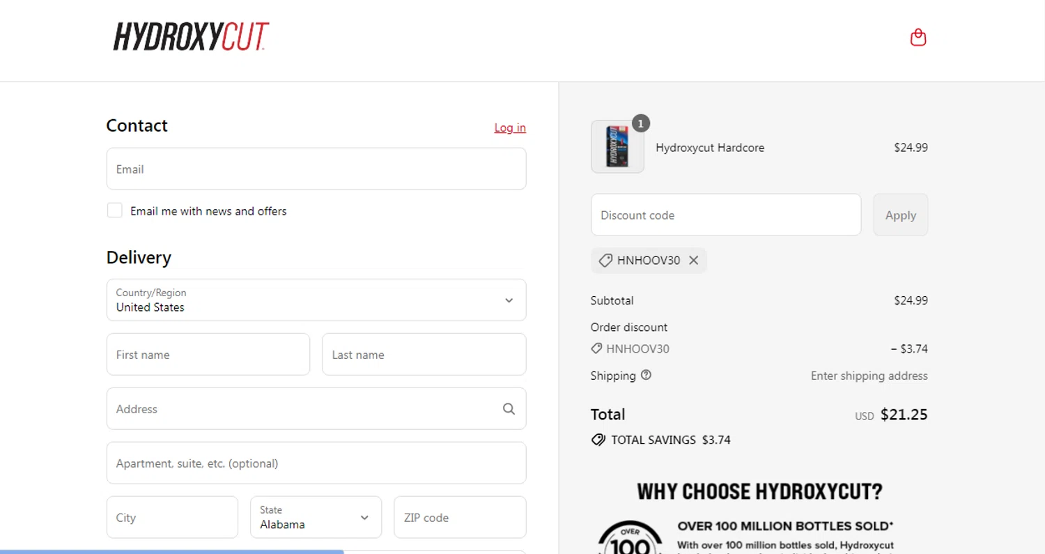 Hydroxycut promo code screenshot showing code HNHOOV30 applied at Hydroxycut checkout page. Uploaded by SimplyCodes community member Gonzalez010203 on Sep 4, 2025