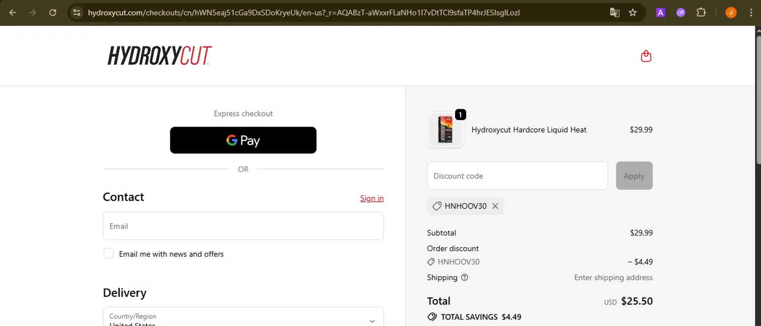 Hydroxycut promo code screenshot showing code HNHOOV30 applied at Hydroxycut checkout page. Uploaded by SimplyCodes community member PennyAdmiral6960 on Nov 24, 2025
