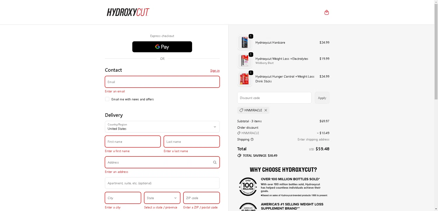 Hydroxycut promo code screenshot showing code HNMIRACLE applied at Hydroxycut checkout page. Uploaded by SimplyCodes community member VoucherHero1009 on Nov 14, 2025