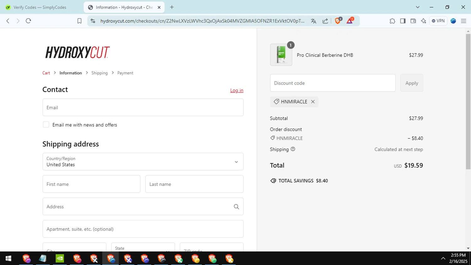 Hydroxycut promo code screenshot showing code HNMIRACLE applied at Hydroxycut checkout page. Uploaded by SimplyCodes community member fabianmartinez on Feb 16, 2025