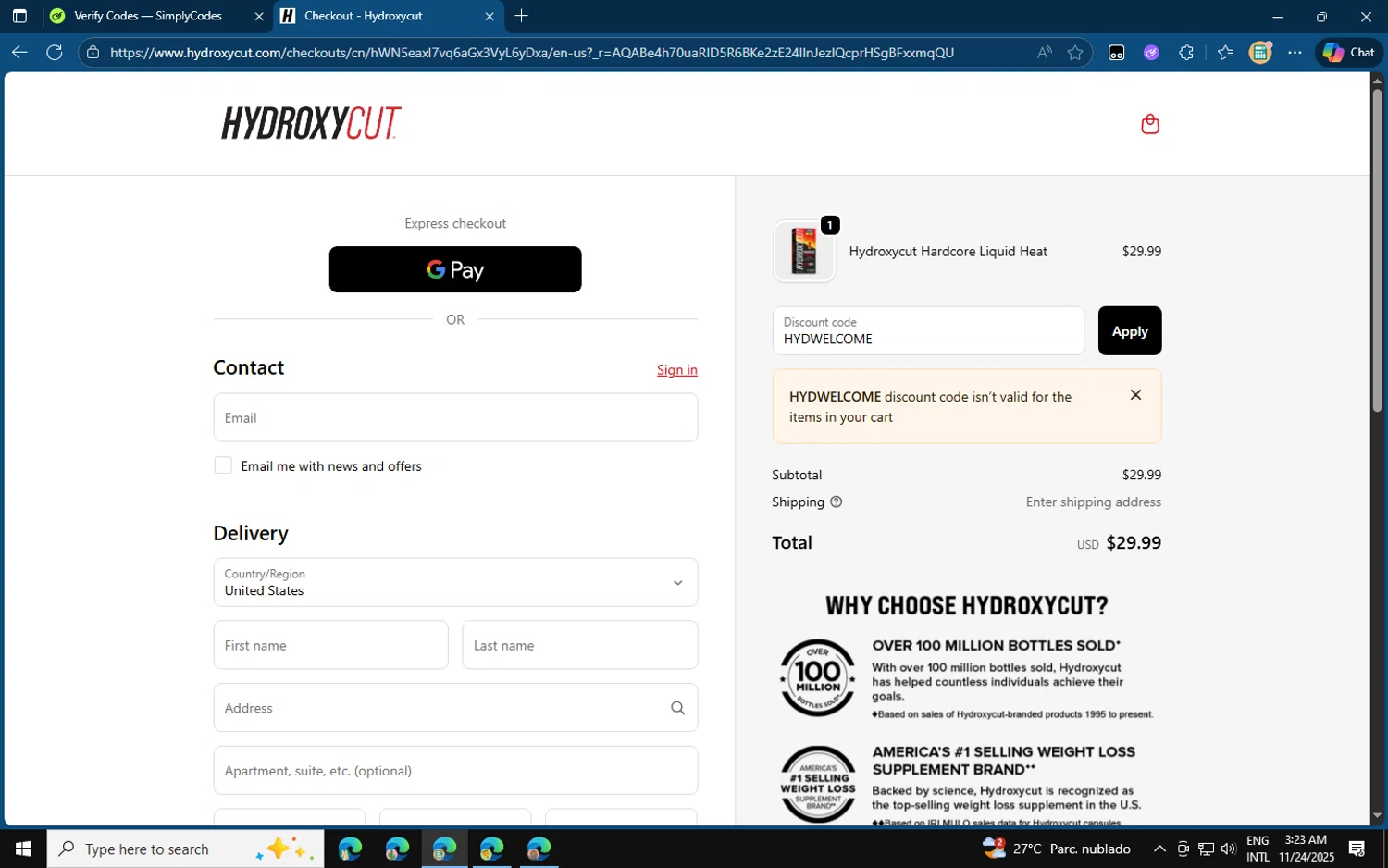 Hydroxycut promo code screenshot showing code HYDWELCOME applied at Hydroxycut checkout page. Uploaded by SimplyCodes community member jvllsk3 on Nov 24, 2025