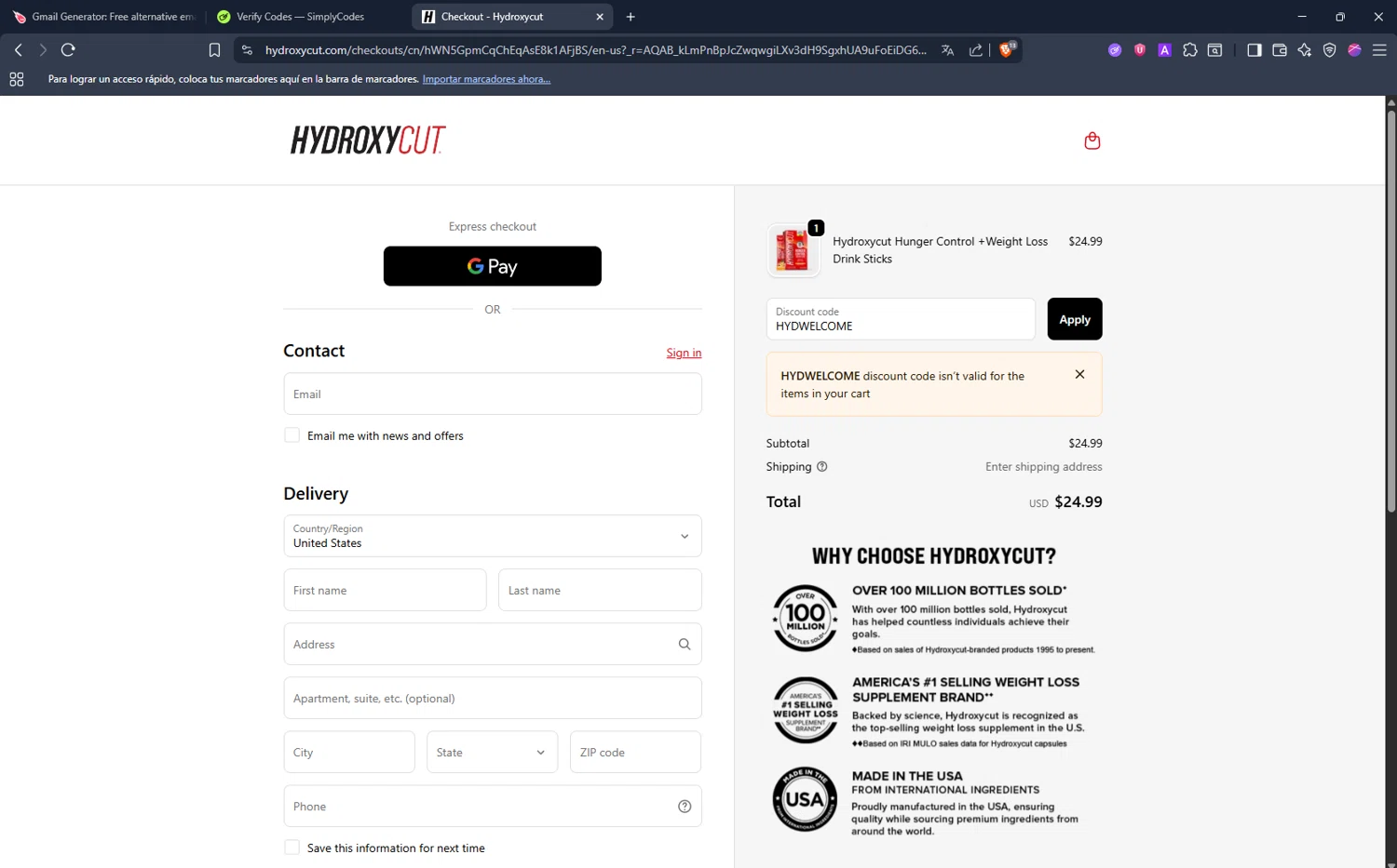 Hydroxycut promo code screenshot showing code HYDWELCOME applied at Hydroxycut checkout page. Uploaded by SimplyCodes community member pina_skb on Nov 14, 2025