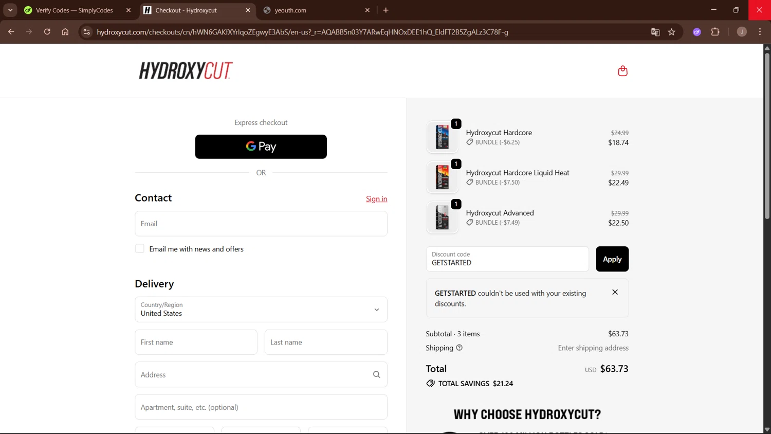 Hydroxycut promo code screenshot showing code GETSTARTED applied at Hydroxycut checkout page. Uploaded by SimplyCodes community member WisePro3955 on Dec 10, 2025