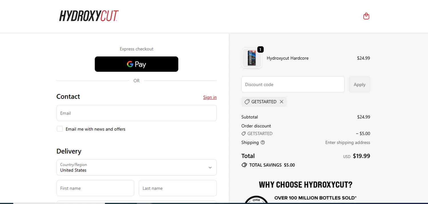 Hydroxycut promo code screenshot showing code GETSTARTED applied at Hydroxycut checkout page. Uploaded by SimplyCodes community member juanisaac on Dec 4, 2025