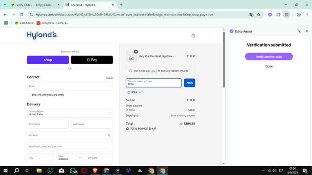 Hylands Homeopathic checkout page showing Hylands Homeopathic promo code box | Screenshot taken by SimplyCodes community member on Sep 8, 2025