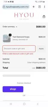 ELIZABETH20 coupon verification screenshot