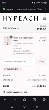 WELCOME10 coupon verification screenshot