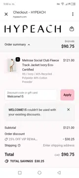 Welcome15 coupon verification screenshot