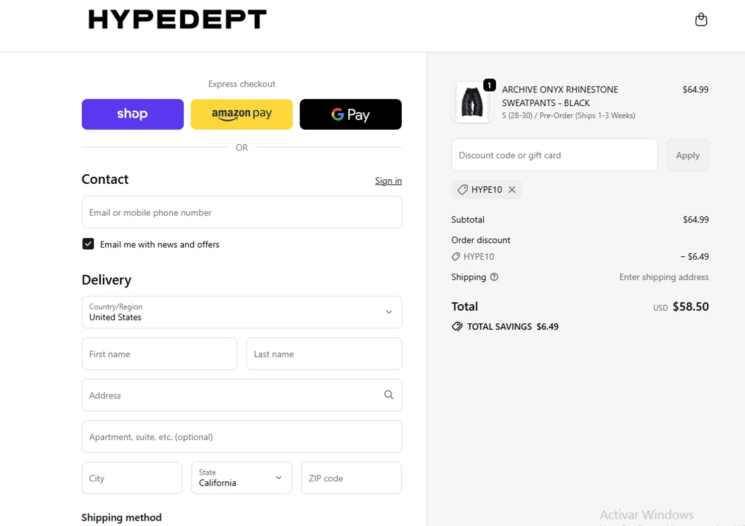 HYPEDEPT discount code screenshot showing code HYPE10 applied at HYPEDEPT checkout page. Uploaded by SimplyCodes community member BargainPilot9399 on Sep 21, 2025