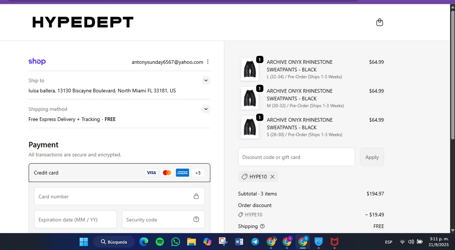 HYPEDEPT discount code screenshot showing code HYPE10 applied at HYPEDEPT checkout page. Uploaded by SimplyCodes community member FrugalVirtuoso6318 on Sep 21, 2025