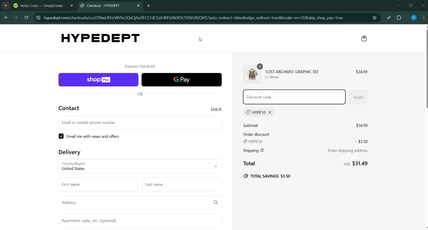 HYPEDEPT discount code screenshot showing code HYPE10 applied at HYPEDEPT checkout page. Uploaded by SimplyCodes community member _____________ on Mar 27, 2025