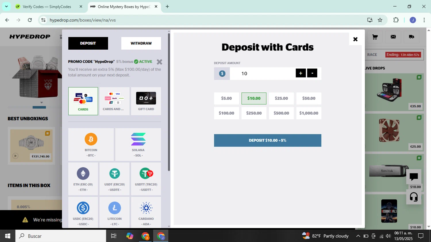 HypeDrop promo code screenshot showing code THEWEALTHYGAMBLER applied at HypeDrop checkout page. Uploaded by SimplyCodes community member DiscountSleuth6807 on May 13, 2025