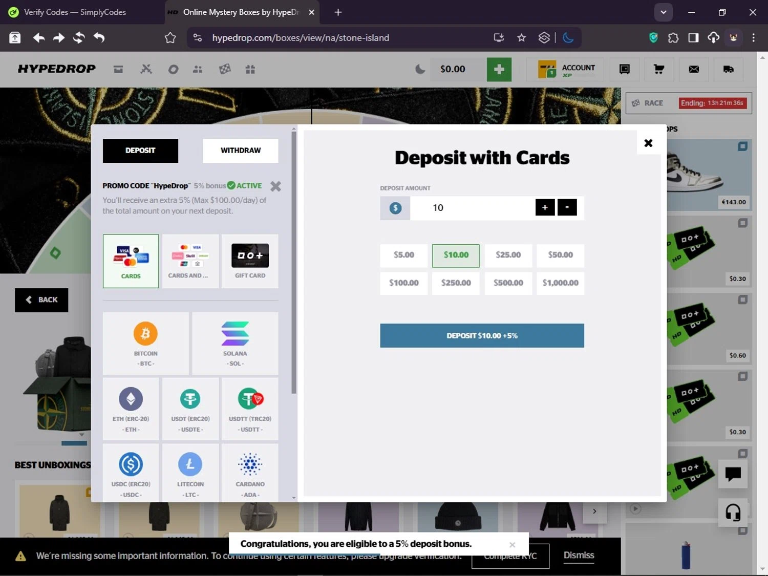 HypeDrop promo code screenshot showing code THEWEALTHYGAMBLER applied at HypeDrop checkout page. Uploaded by SimplyCodes community member LegendaryCollector6259 on Mar 16, 2025