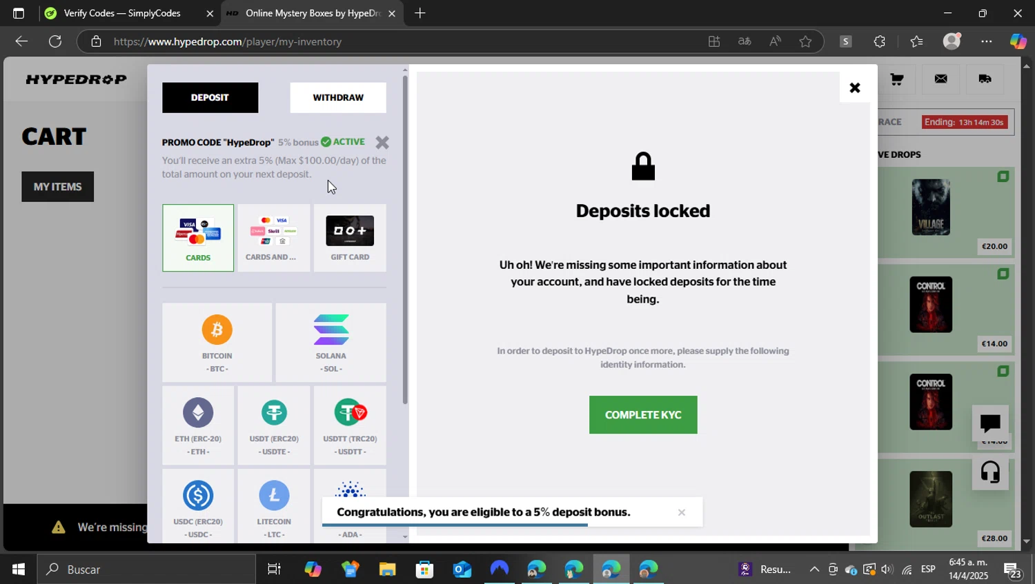 HypeDrop promo code screenshot showing code THEWEALTHYGAMBLER applied at HypeDrop checkout page. Uploaded by SimplyCodes community member vasijadeaceite on Apr 14, 2025