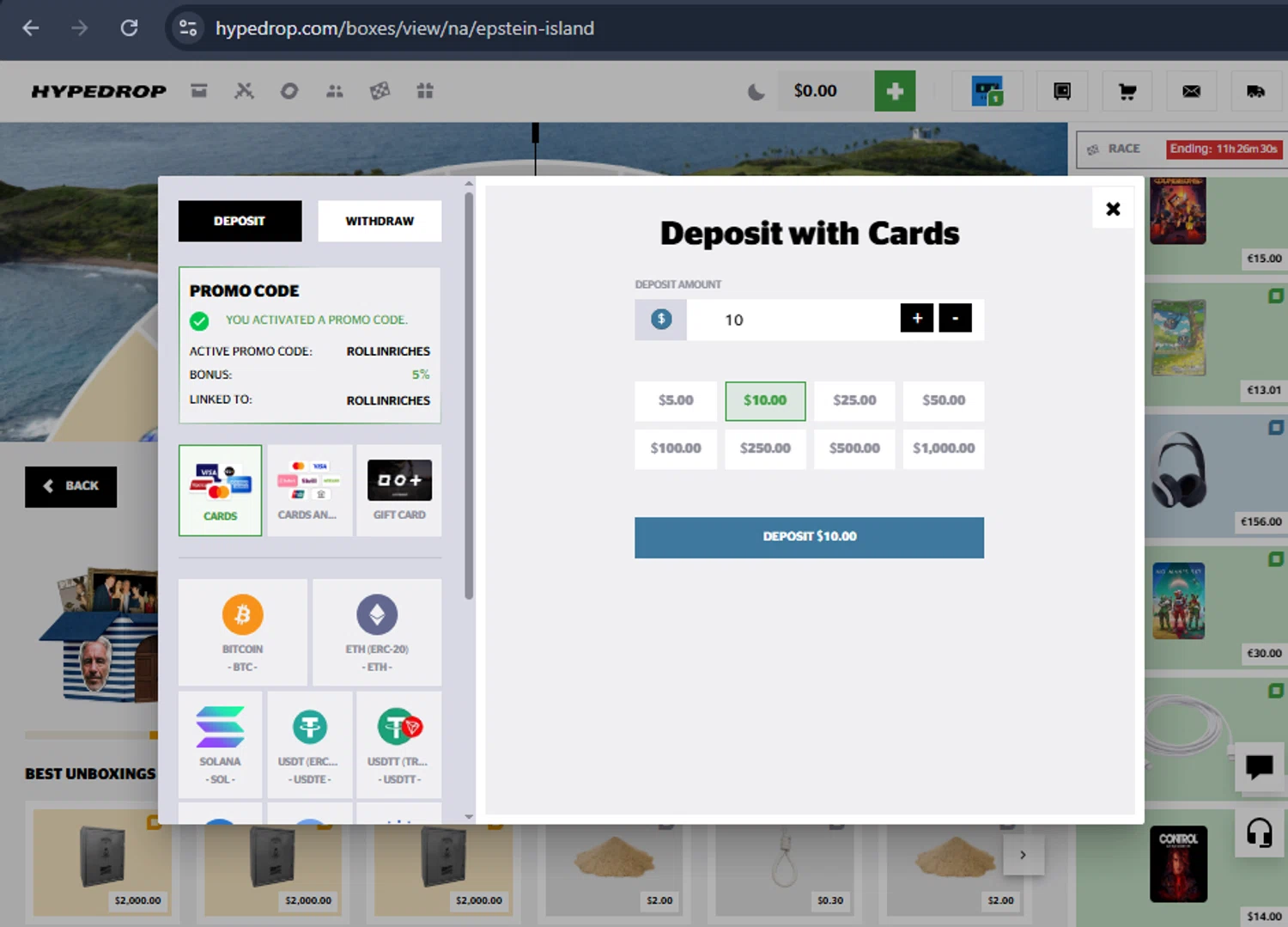 HypeDrop promo code screenshot showing code ROLLINRICHES applied at HypeDrop checkout page. Uploaded by SimplyCodes community member six_eyes on Sep 8, 2025