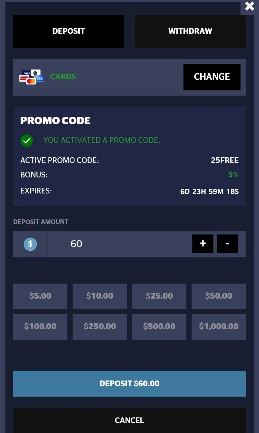 HypeDrop promo code screenshot showing code 25FREE applied at HypeDrop checkout page. Uploaded by SimplyCodes community member Cindyms on Aug 1, 2025