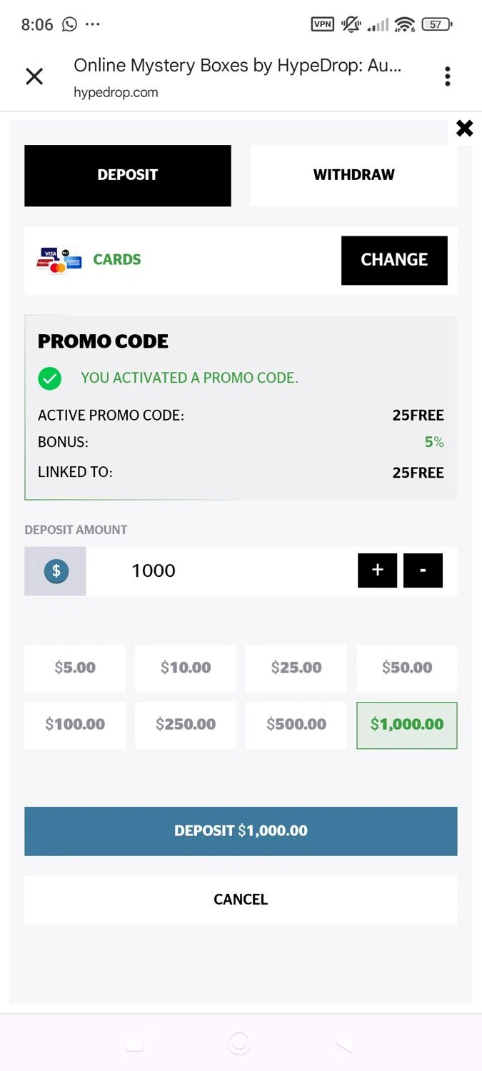 HypeDrop promo code screenshot showing code 25FREE applied at HypeDrop checkout page. Uploaded by SimplyCodes community member ShieldWhiz4659 on Aug 30, 2025