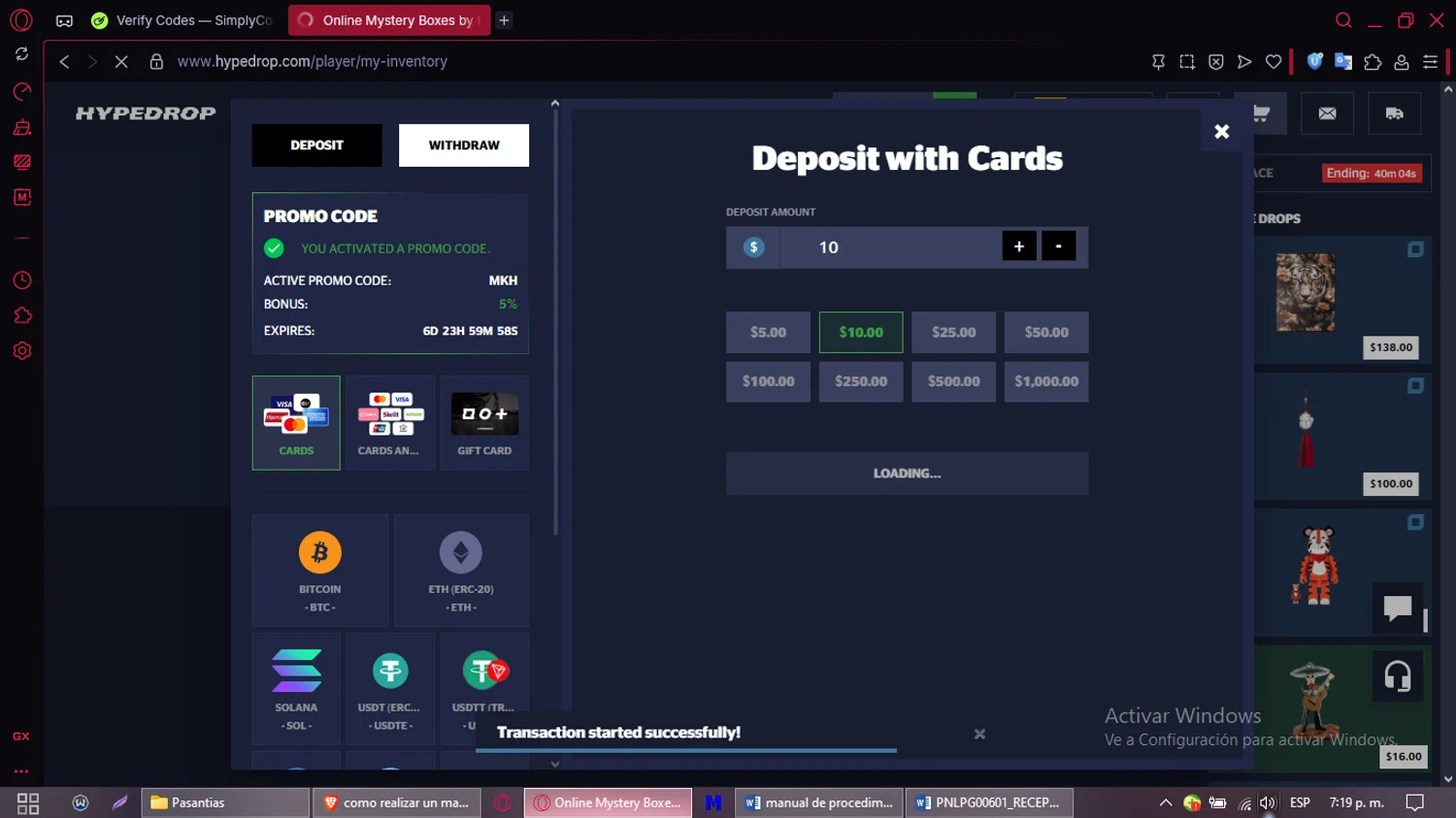 HypeDrop promo code screenshot showing code MKH applied at HypeDrop checkout page. Uploaded by SimplyCodes community member CleverMaven2889 on Aug 10, 2025