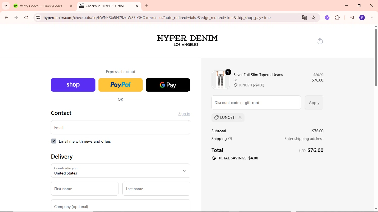 Hyper Denim discount code screenshot showing code LUNOSTI applied at Hyper Denim checkout page. Uploaded by SimplyCodes community member MightyCaptain635 on Oct 23, 2025