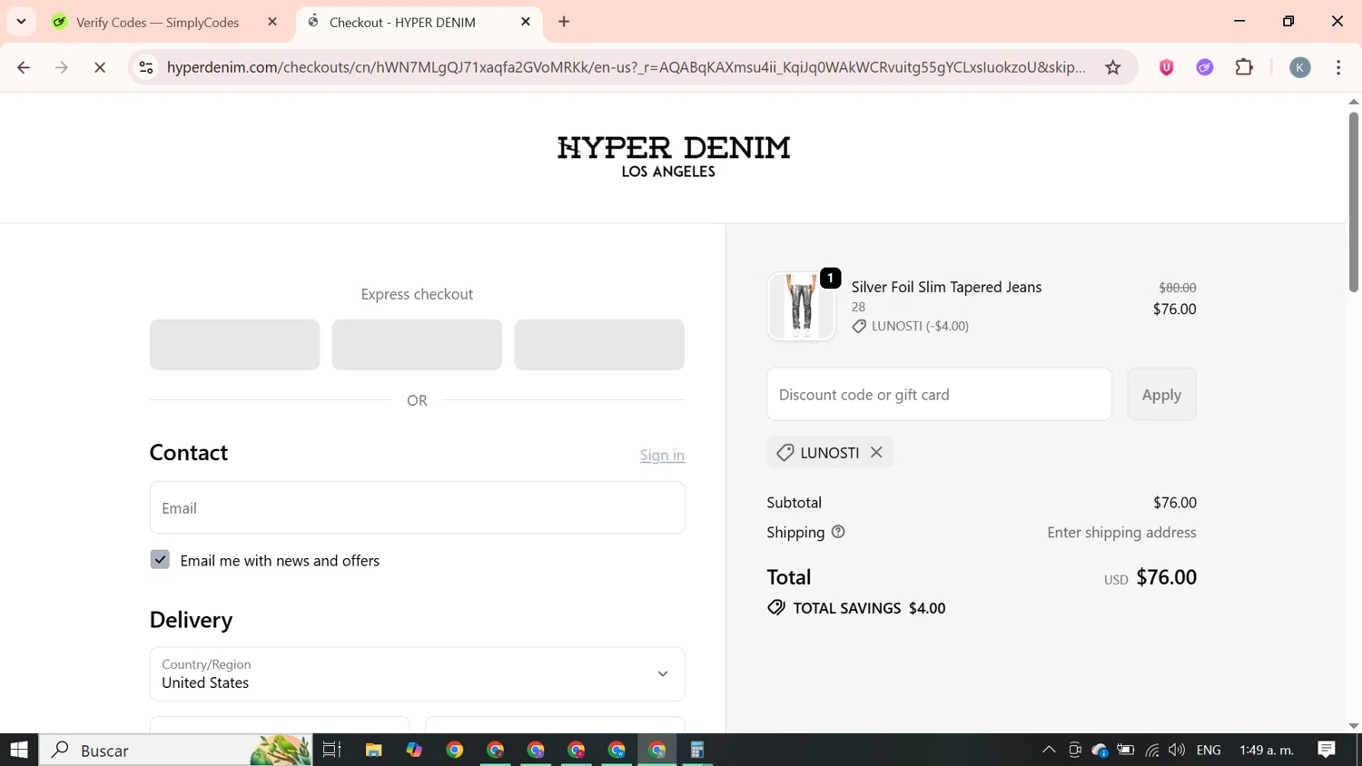 Hyper Denim discount code screenshot showing code LUNOSTI applied at Hyper Denim checkout page. Uploaded by SimplyCodes community member SavingsBoss9912 on Jan 8, 2026