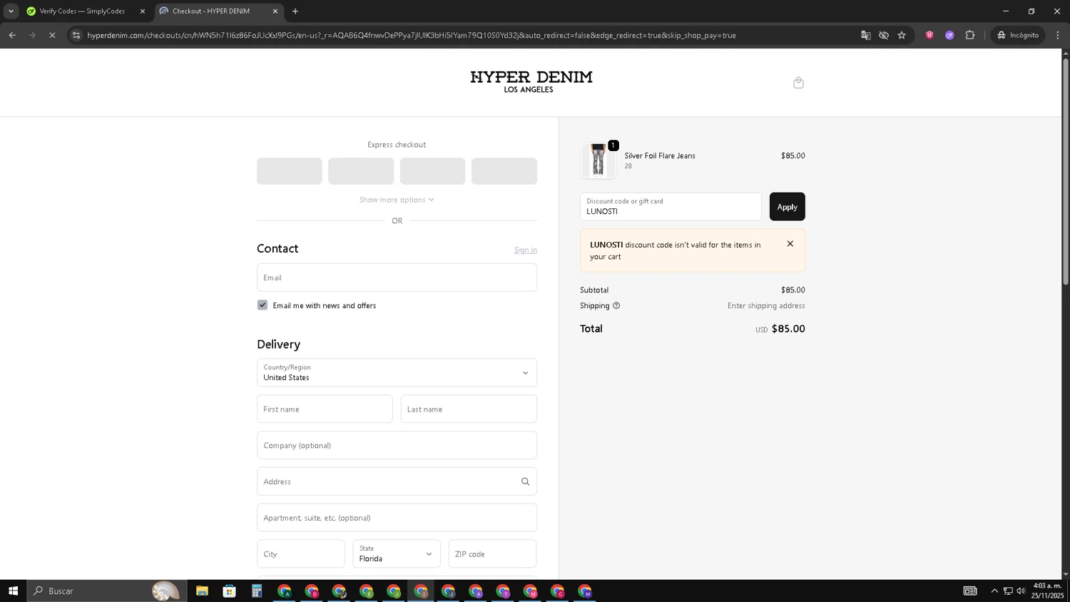 Hyper Denim discount code screenshot showing code LUNOSTI applied at Hyper Denim checkout page. Uploaded by SimplyCodes community member pequenokalvin5 on Nov 25, 2025