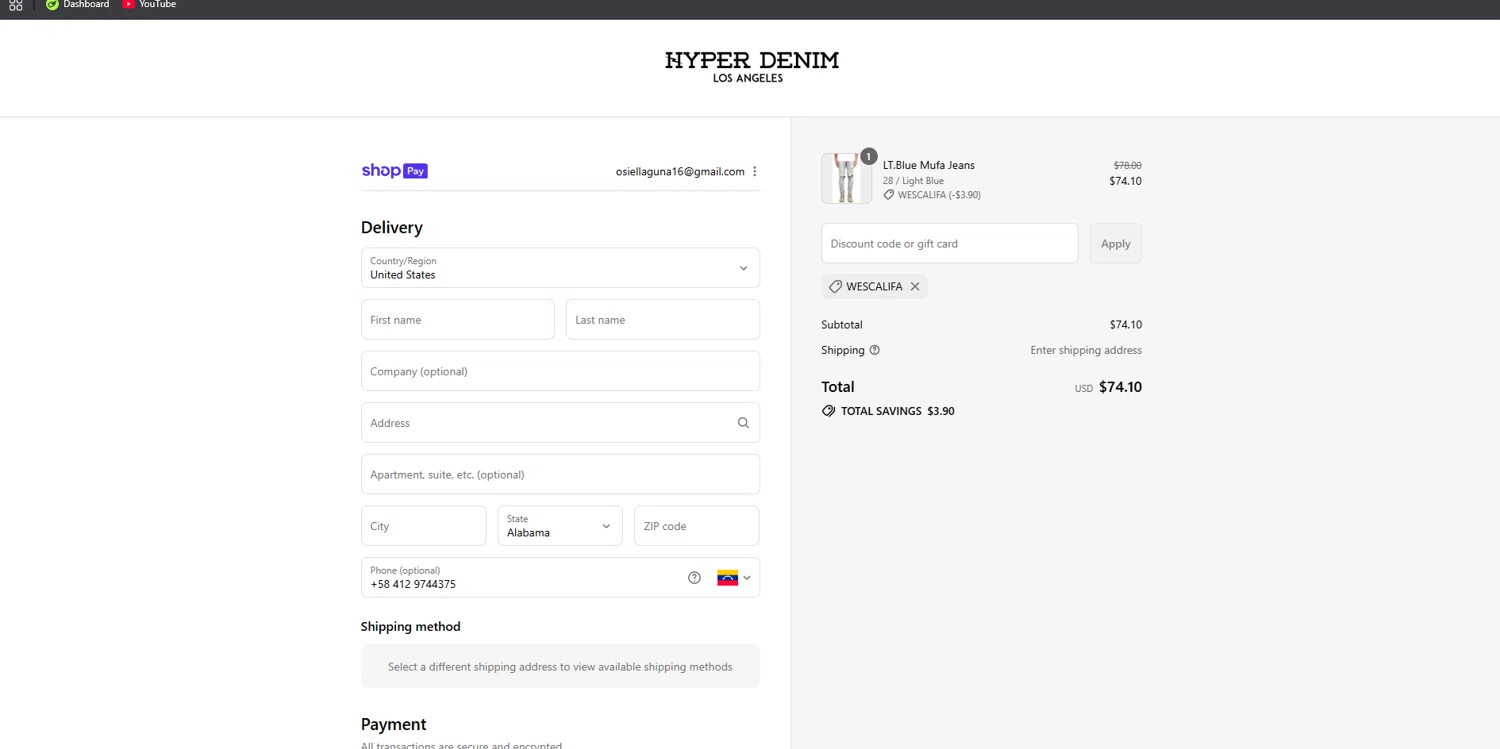 Hyper Denim discount code screenshot showing code WESCALIFA applied at Hyper Denim checkout page. Uploaded by SimplyCodes community member Elosox1 on Aug 1, 2025