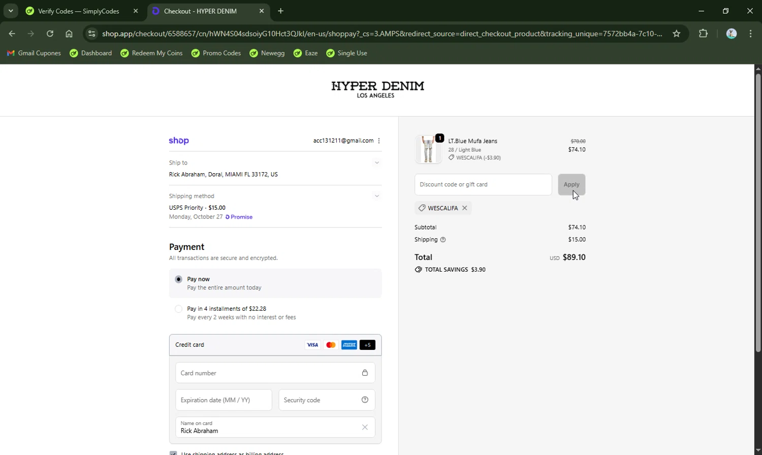 Hyper Denim discount code screenshot showing code WESCALIFA applied at Hyper Denim checkout page. Uploaded by SimplyCodes community member LHaunter2 on Oct 23, 2025