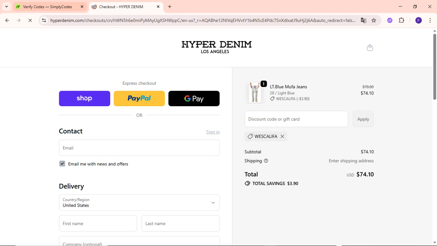Hyper Denim discount code screenshot showing code WESCALIFA applied at Hyper Denim checkout page. Uploaded by SimplyCodes community member MightyCaptain635 on Nov 25, 2025