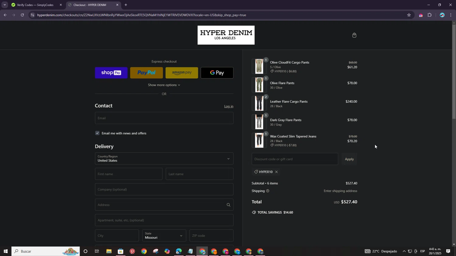 Hyper Denim discount code screenshot showing code HYPER10 applied at Hyper Denim checkout page. Uploaded by SimplyCodes community member ShrewdPro8995 on Jan 20, 2025