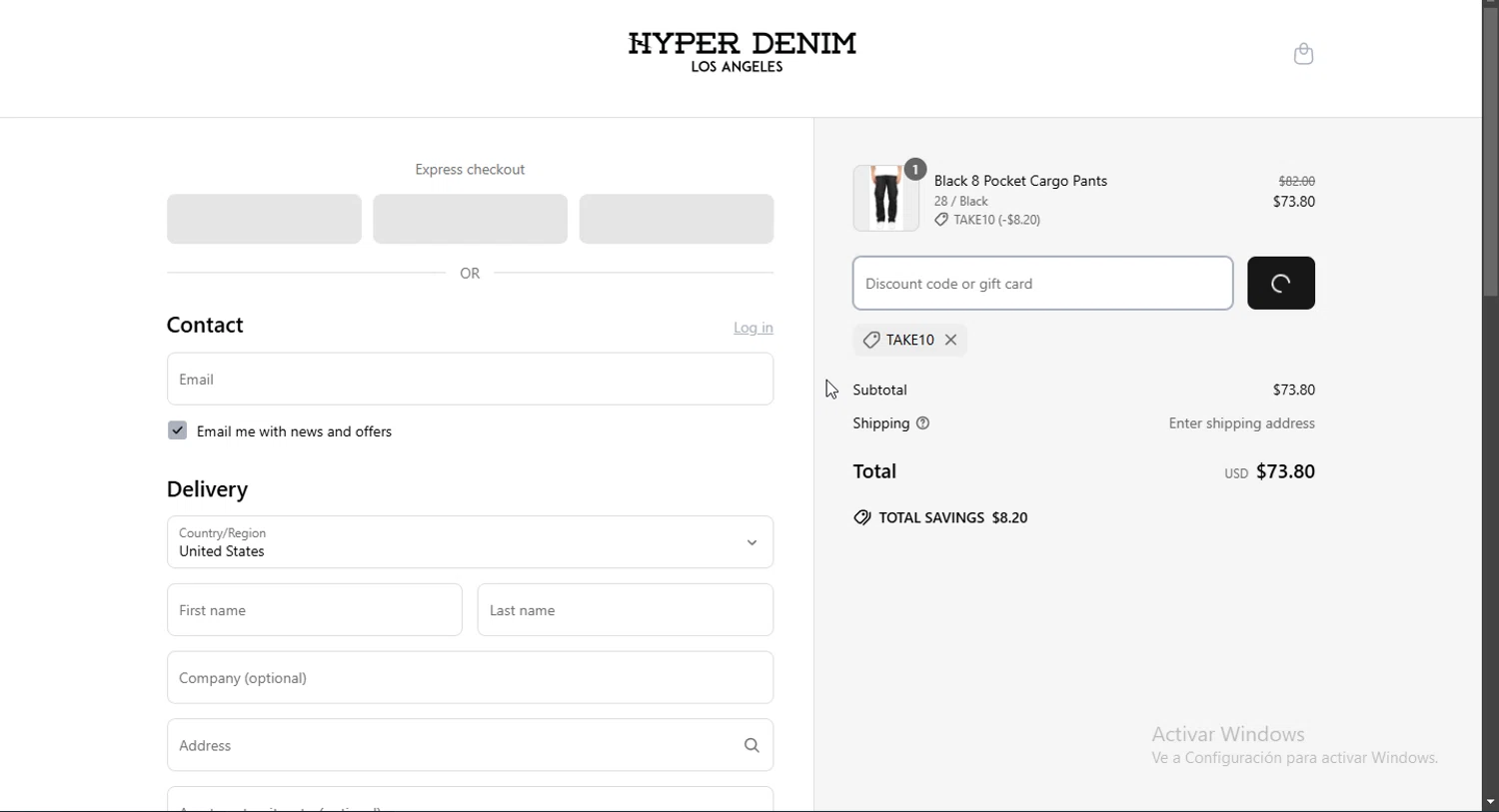 Hyper Denim discount code screenshot showing code TAKE10 applied at Hyper Denim checkout page. Uploaded by SimplyCodes community member Jsjsjsjsjsjsjs on Mar 25, 2025