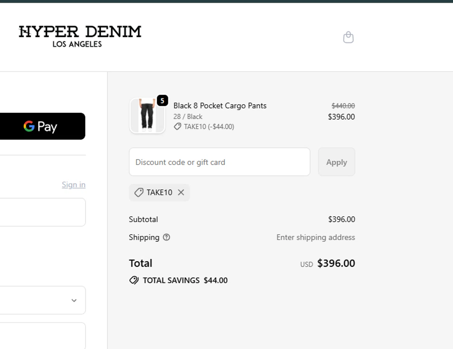 Hyper Denim discount code screenshot showing code TAKE10 applied at Hyper Denim checkout page. Uploaded by SimplyCodes community member alfock22 on Sep 25, 2025
