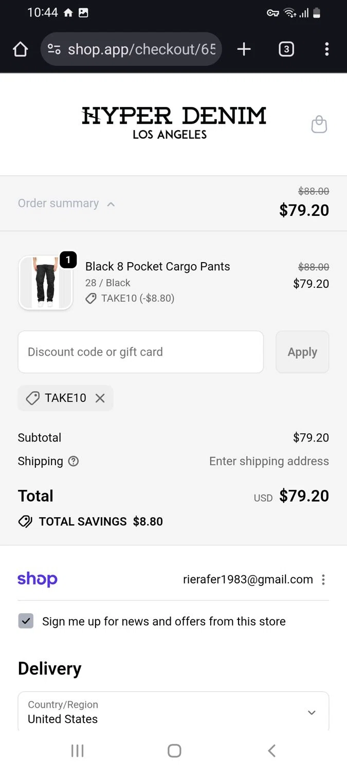 Hyper Denim discount code screenshot showing code TAKE10 applied at Hyper Denim checkout page. Uploaded by SimplyCodes community member tulioriera on Oct 23, 2025