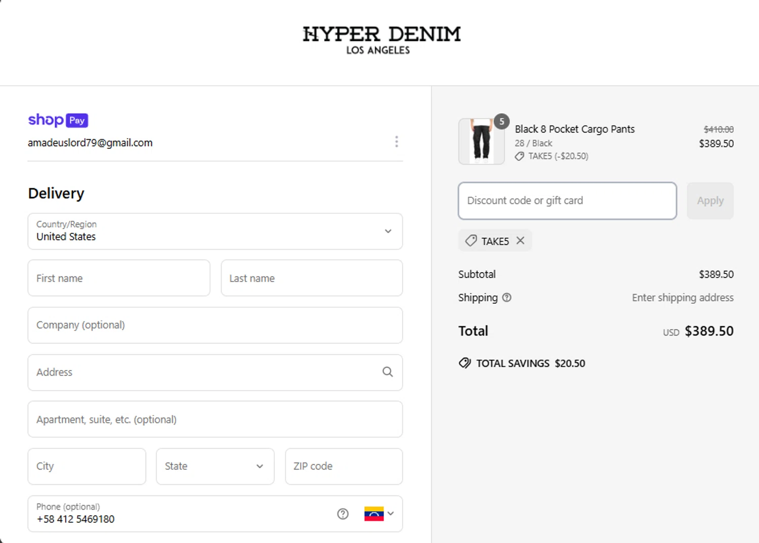Hyper Denim discount code screenshot showing code TAKE5 applied at Hyper Denim checkout page. Uploaded by SimplyCodes community member PANDITA on Mar 25, 2025