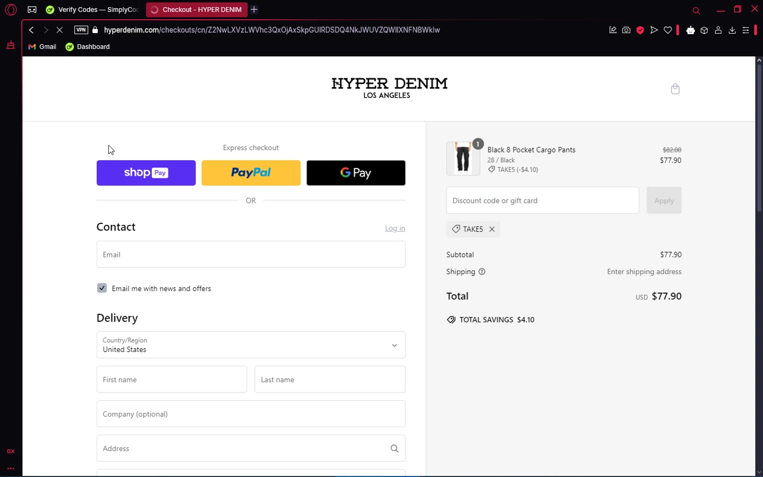 Hyper Denim discount code screenshot showing code TAKE5 applied at Hyper Denim checkout page. Uploaded by SimplyCodes community member editor_1 on Jan 25, 2025