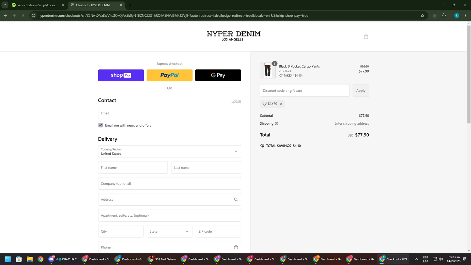 Hyper Denim discount code screenshot showing code TAKE5 applied at Hyper Denim checkout page. Uploaded by SimplyCodes community member RewardKnight9989 on Feb 14, 2025