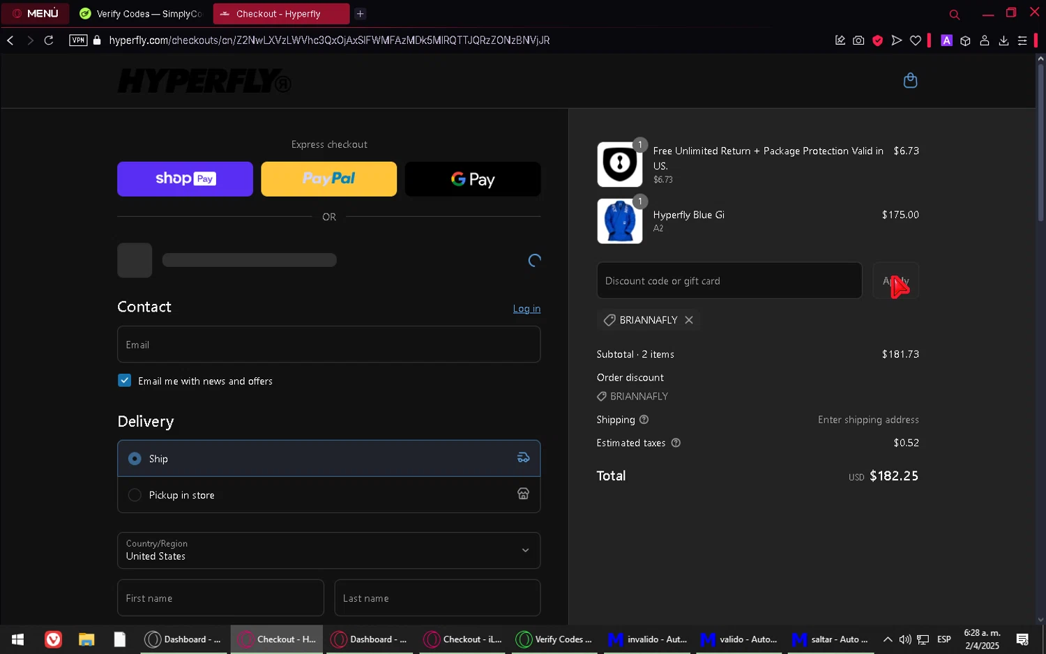 Hyperfly discount code screenshot showing code BRIANNAFLY applied at Hyperfly checkout page. Uploaded by SimplyCodes community member webopekao on Apr 2, 2025