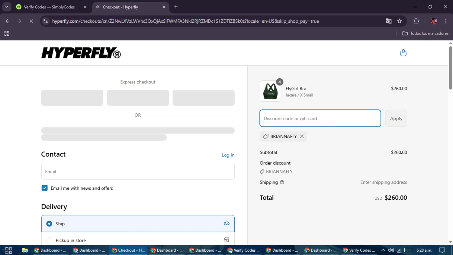 Hyperfly discount code screenshot showing code BRIANNAFLY applied at Hyperfly checkout page. Uploaded by SimplyCodes community member SavingsEagle5772 on Apr 2, 2025