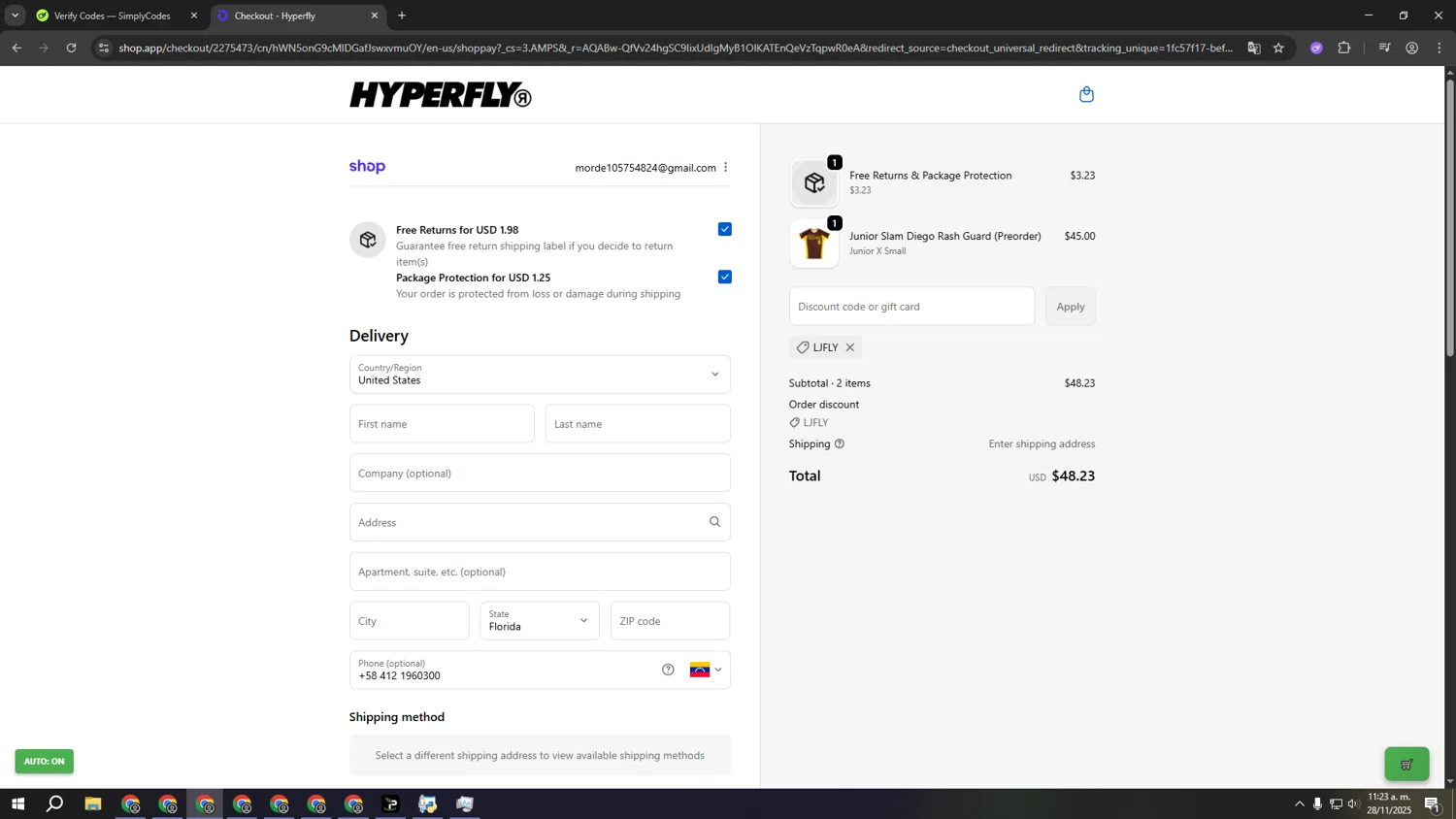 Hyperfly discount code screenshot showing code LJFLY applied at Hyperfly checkout page. Uploaded by SimplyCodes community member lllllllllllllll on Nov 28, 2025