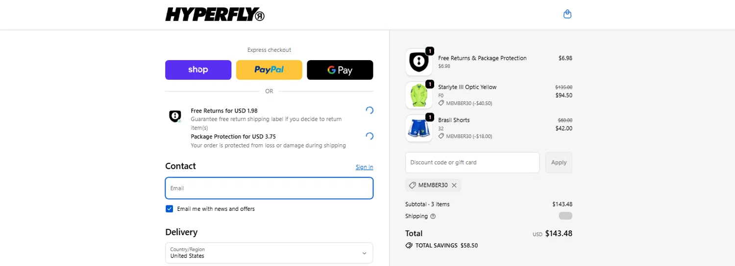 Hyperfly discount code screenshot showing code Member30 applied at Hyperfly checkout page. Uploaded by SimplyCodes community member OnlywM on Oct 24, 2025