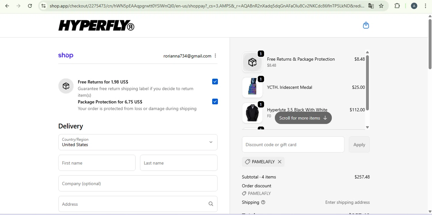 Hyperfly discount code screenshot showing code PAMELAFLY applied at Hyperfly checkout page. Uploaded by SimplyCodes community member PromoExpert5262 on Nov 28, 2025